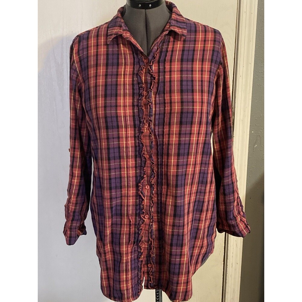 Betsey Johnson Intimates M Flannel Plaid Button-Up Shirt Fall Cozy Sleepware